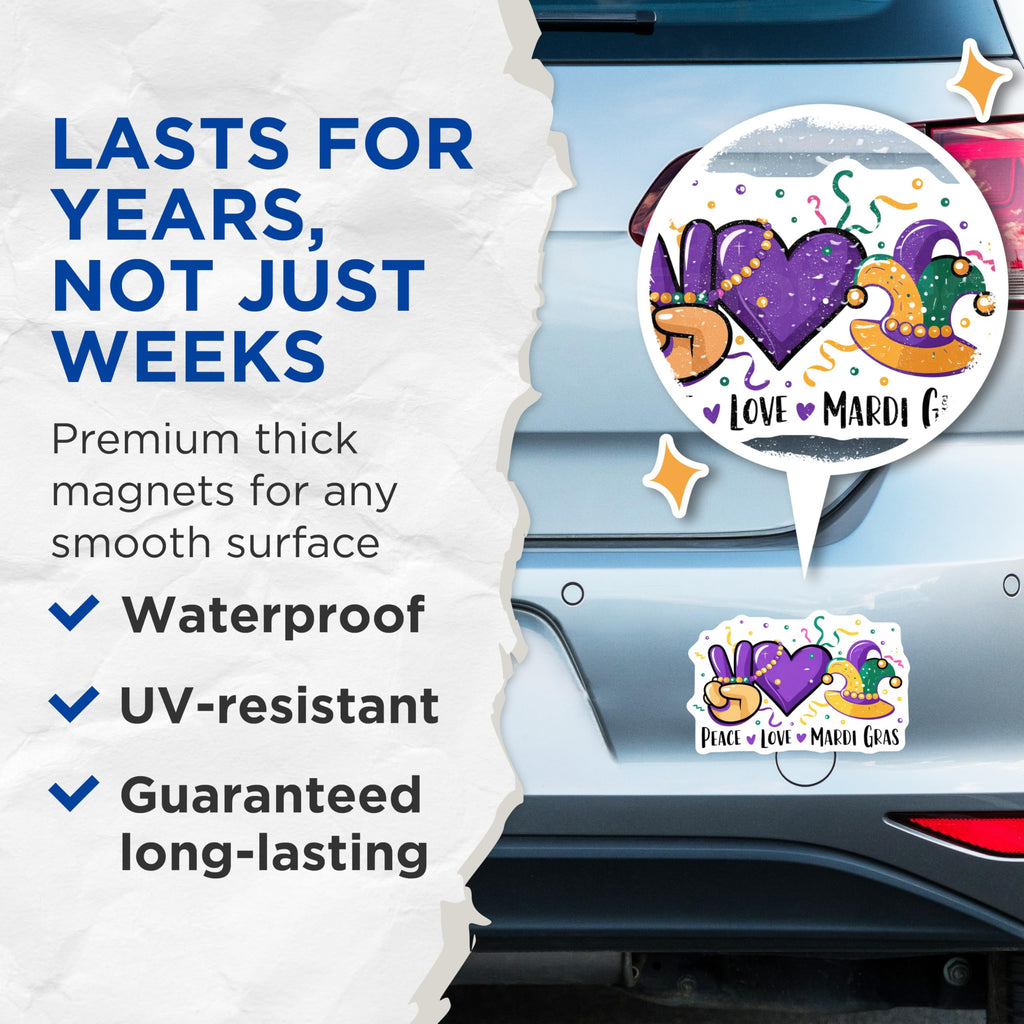 (2 Pack) Mardi Gras Magnets - Peace Love - New Orleans Decor - 5" On Longest Side - Premium Magnet - for Cars, Refrigerators, Toolboxes, Lockers - Made in USA - MAG14057