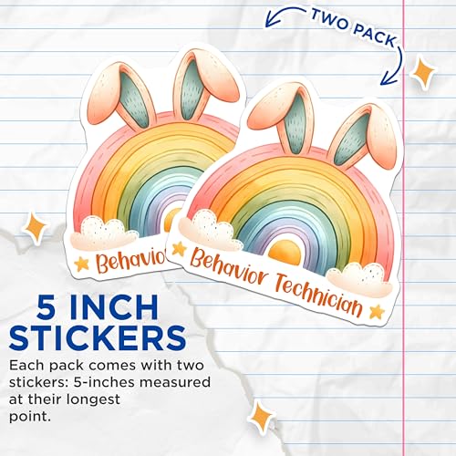 (2 Pack) Behavior Technician Stickers - Rainbow Bunny Stickers - Cute Job Title Stickers - 5" On Longest Side - Sticks to Any Smooth Flat Surface - Made in USA - BMCS3169