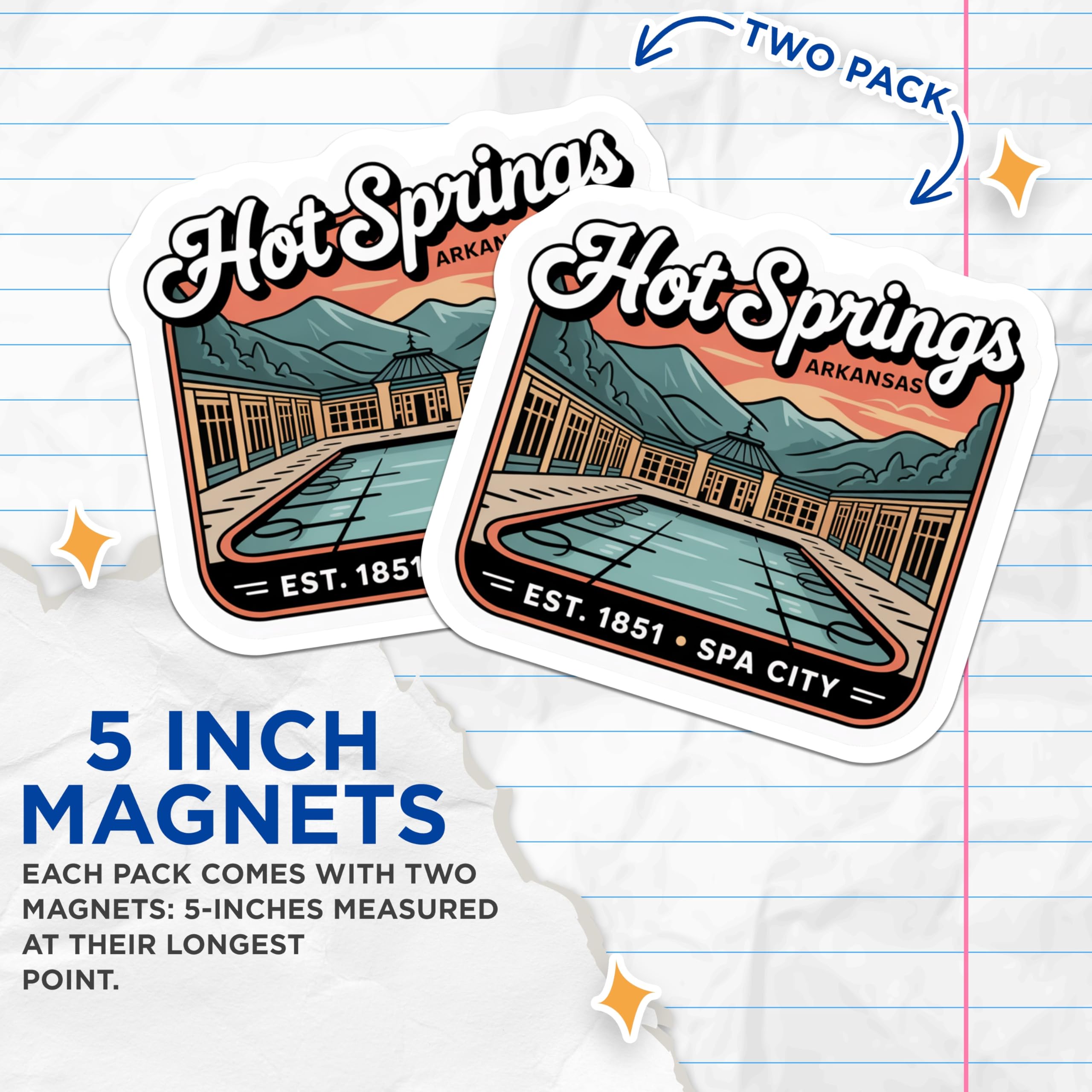 (2 Pack) Hot Springs Arkansas Magnets - Spa City Travel Souvenir - National Park Vacation - 5 Inches On Longest Side - Thick Durable Magnet - Made in USA - MAG19116