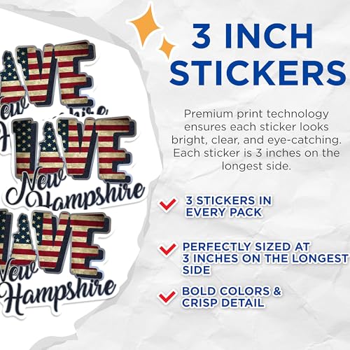 (3 Pack) New Hampshire Decals - USA Flag NH State Pride Stickers - Laptop Bumper Stickers - 3 Inches On Longest Side - Easy Peel & Apply - Made in USA - 3MCS0320