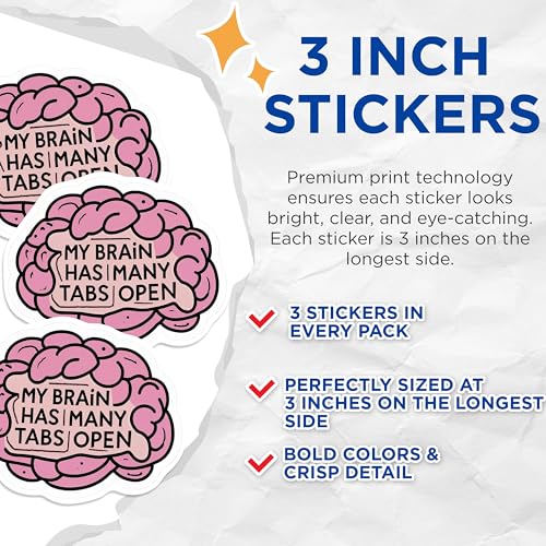 (3 Pack) Many Tabs Open Brain Decals - Funny Brains - Laptop Decals - 3 Inches On Longest Side - Easy Peel & Apply - Made in USA - 3MCS0549