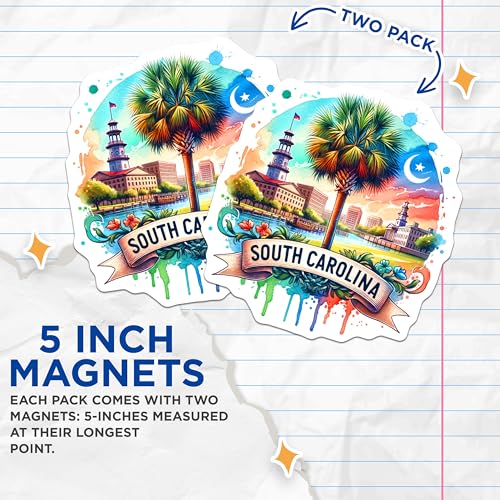 (2 Pack) South Carolina Magnets - State Souvenir - Carolina Palmetto Tree - Charleston Skyline - Watercolor Artwork - 5" On Longest Side - for Cars, Fridges, Toolboxes - Made in USA - MAG6808