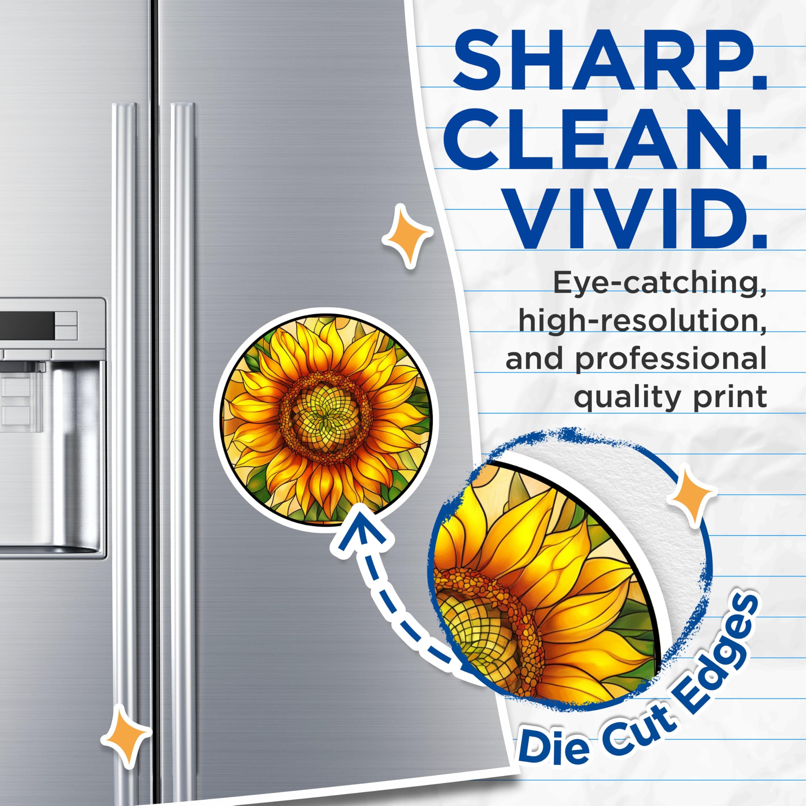 (2 Pack) Stained Glass Sunflower Magnets - Cheerful Floral Refrigerator Decor - Botanical Kitchen Art Statement - 5 Inches On Longest Side - Thick Durable Magnet - Made in USA - MAG25497