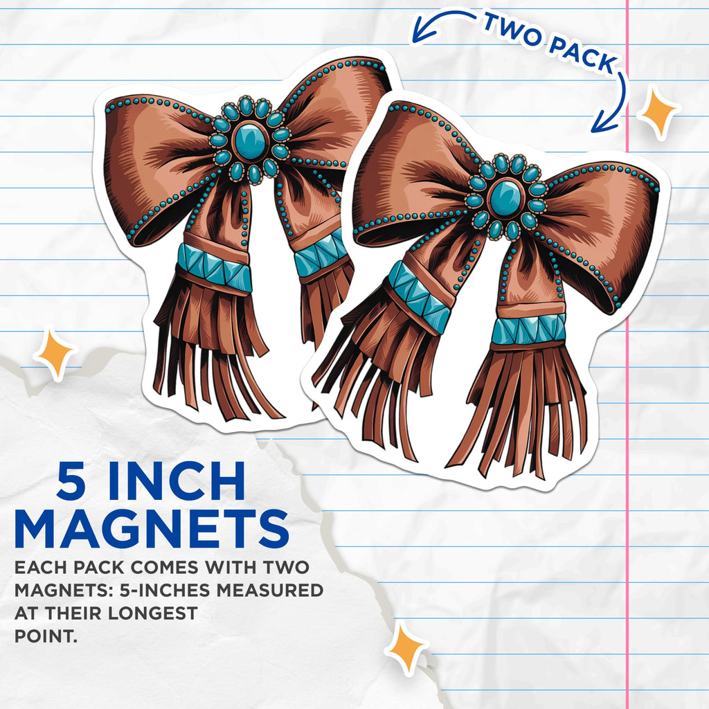 (2 Pack) Southwestern Turquoise Bow Magnets - Rustic Fringe Decor - Bohemian Home Accent - Unique Refrigerator Art - 5 Inches On Longest Side - Thick Durable Magnet - Made in USA - MAG22398