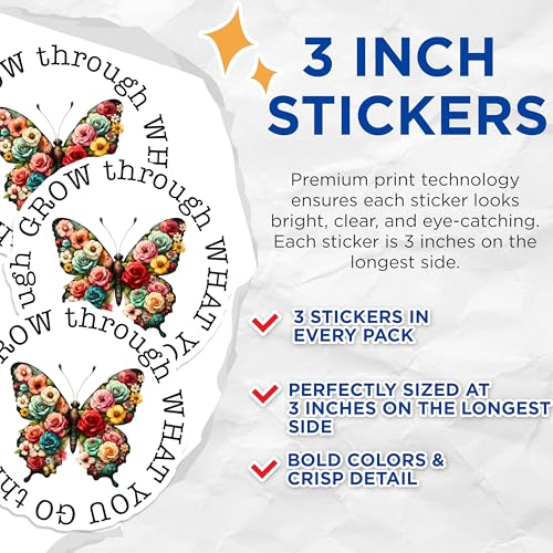(3 Pack) Butterfly Decals - Floral Butterfly - Grow Through What You Go Through - 3 Inches On Longest Side - Easy Peel & Apply - Made in USA - 3MCS8504
