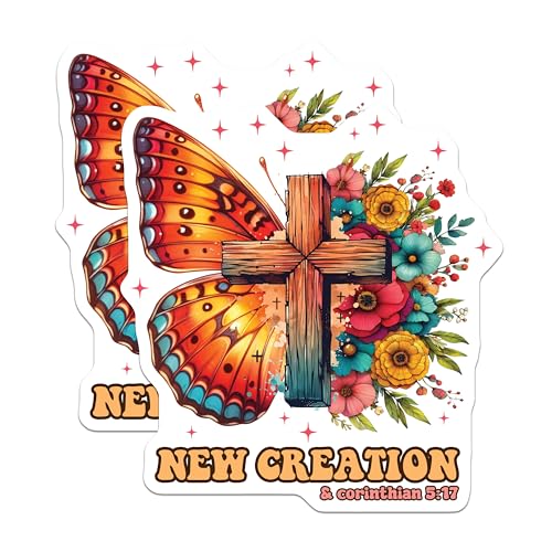 (2 Pack) New Creation Christian Stickers - Bible Verse Art Stickers - Inspirational Religious Stickers - 5" On Longest Side - Sticks to Smooth Flat Surfaces - Made in USA - BMCS3743