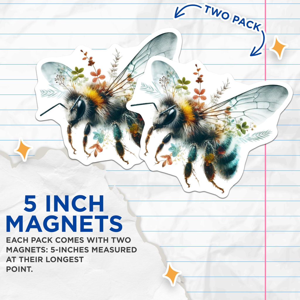 (2 Pack) Honey Bee Magnets - Floral Bee Art - Insect Fridge Decor - 5" On Longest Side - Premium Magnet - for Cars, Refrigerators, Toolboxes, Lockers - Made in USA - MAG14818