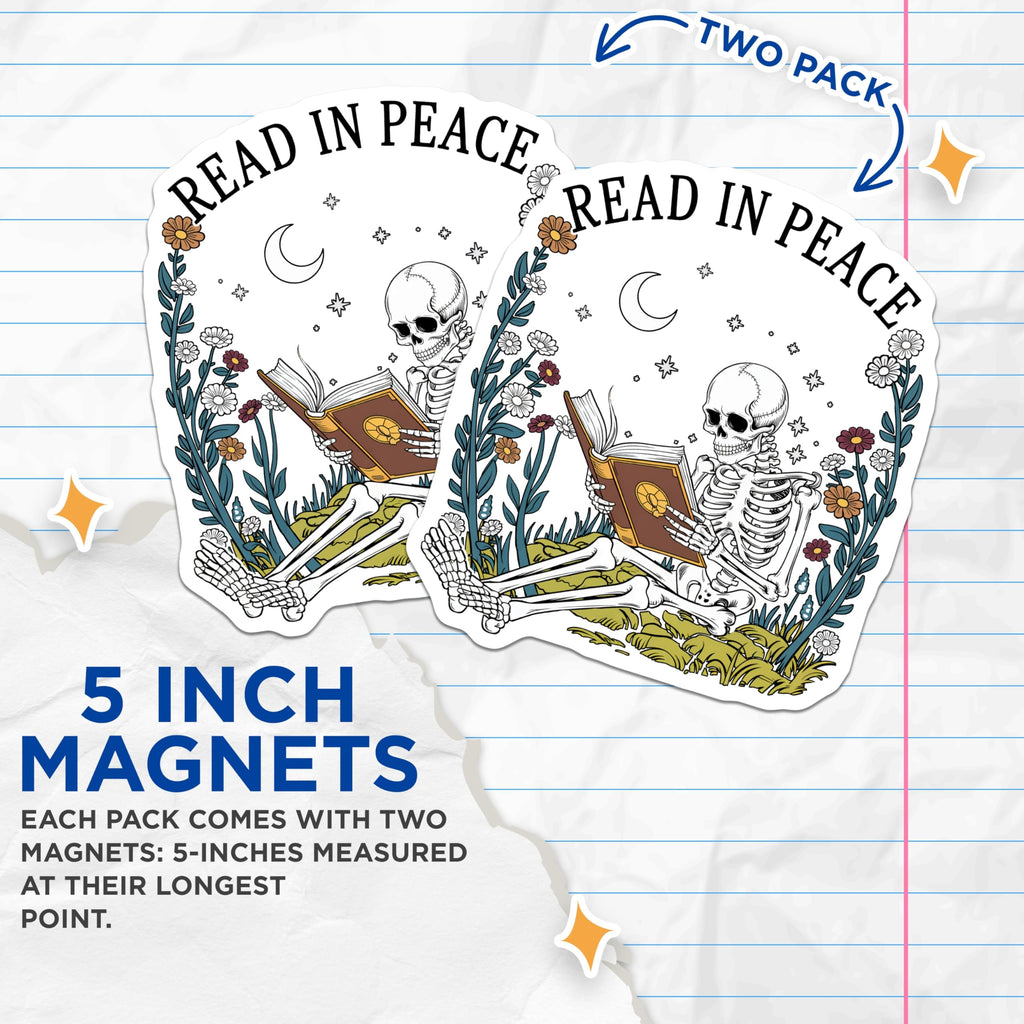 (2 Pack) Read in Peace Magnets - Skeleton Reader - Floral Book Lover Magnet - 5" On Longest Side - Premium Magnet - for Cars, Refrigerators, Toolboxes, Lockers - Made in USA - MAG18297