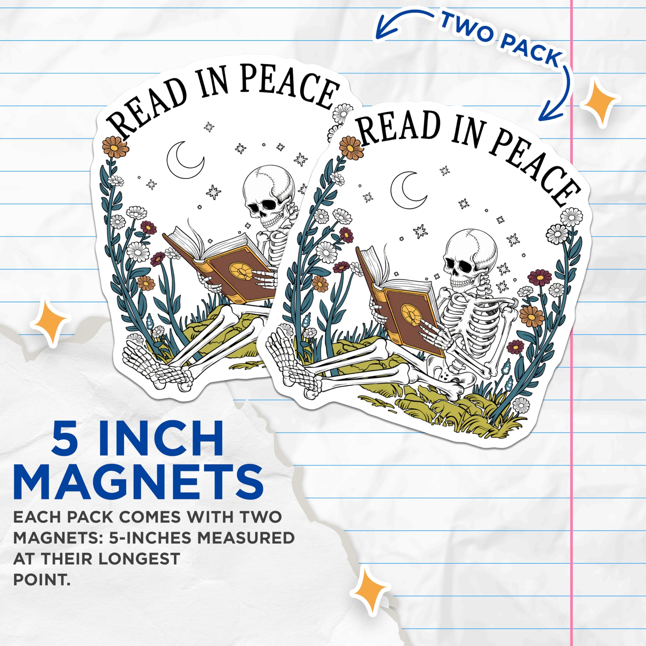 (2 Pack) Read in Peace Magnets - Skeleton Reader - Floral Book Lover Magnet - 5" On Longest Side - Premium Magnet - for Cars, Refrigerators, Toolboxes, Lockers - Made in USA - MAG18297