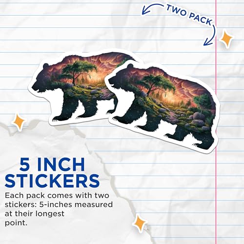 (2 Pack) Bear Nature Scene Stickers - Forest Wildlife Decal - Outdoor Adventure Bear Art - 5" On Longest Side - Sticks to Smooth Flat Surfaces - Made in USA - BMCS7071