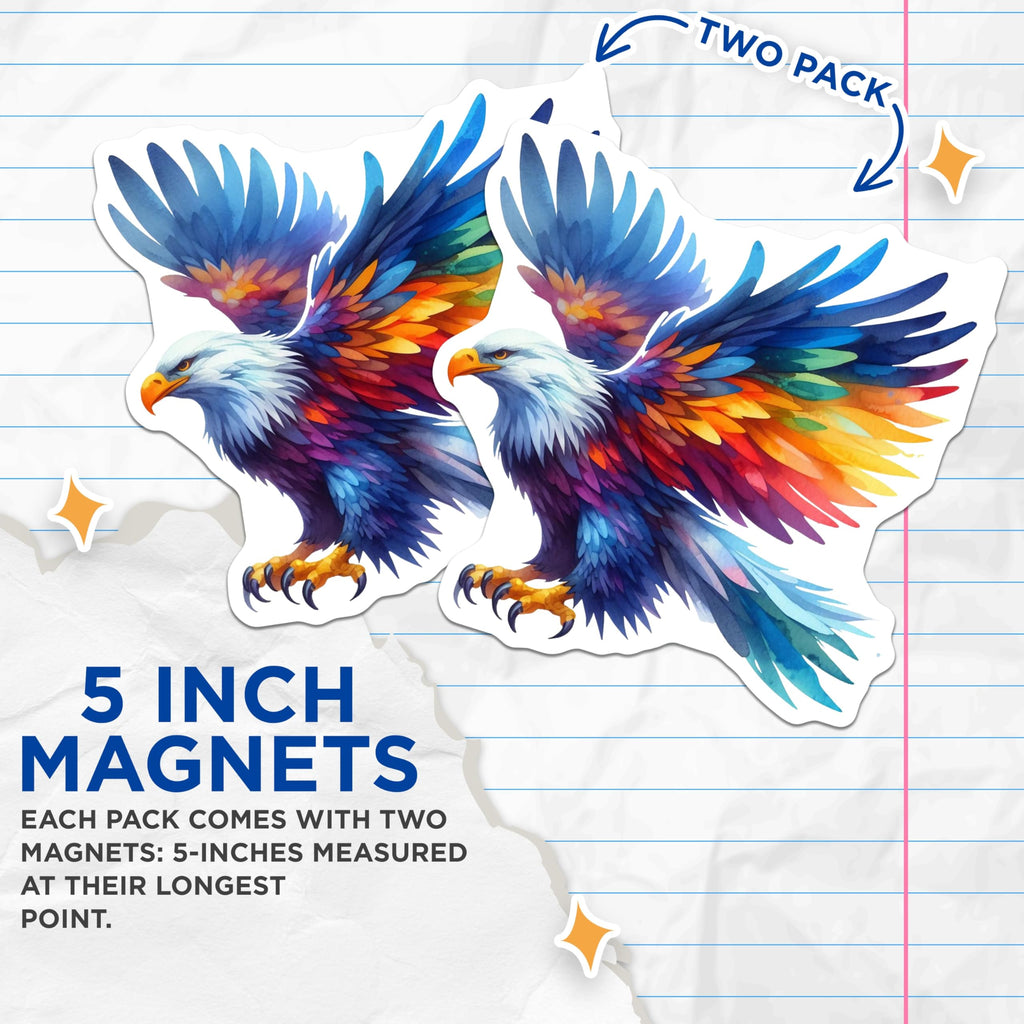 (2 Pack) Watercolor Eagle Magnets - Vibrant Rainbow Bird Decor - Majestic Flying Animal Art - 5 Inches On Longest Side - Thick Durable Magnet - Made in USA - MAG22209