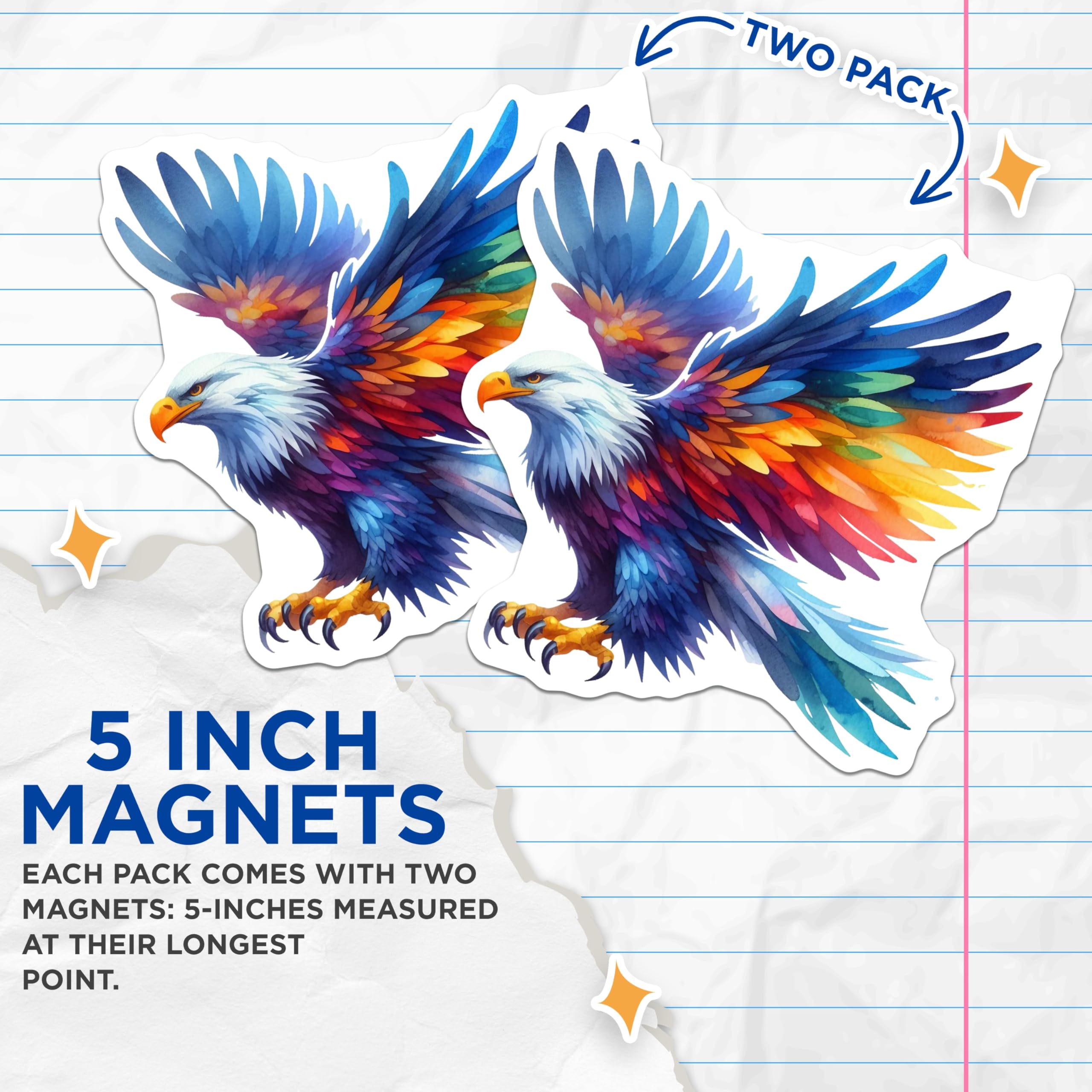 (2 Pack) Watercolor Eagle Magnets - Vibrant Rainbow Bird Decor - Majestic Flying Animal Art - 5 Inches On Longest Side - Thick Durable Magnet - Made in USA - MAG22209