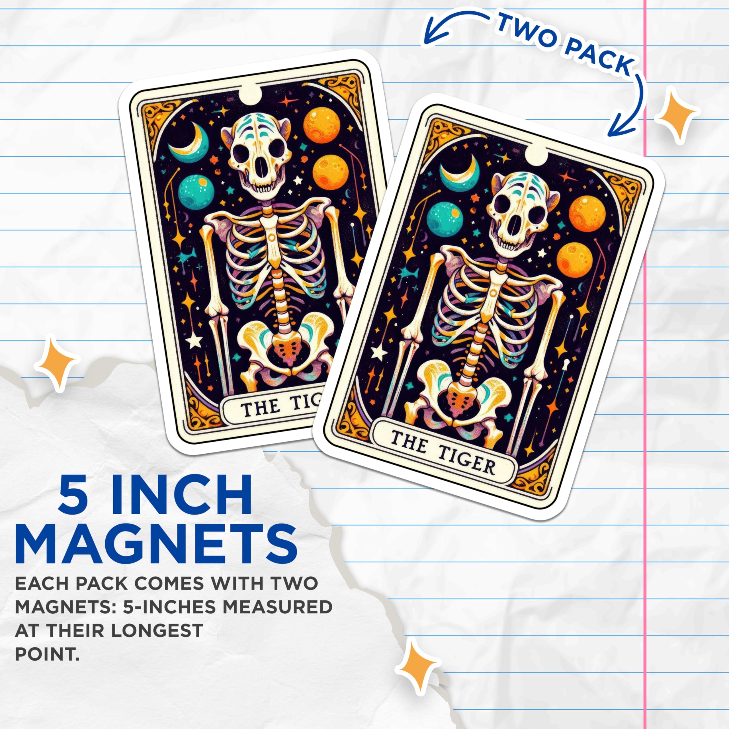(2 Pack) Tiger Skeleton Magnets - Celestial Tarot Art - Mystical Zodiac Decor - 5 Inches On Longest Side - Thick Durable Magnet - Made in USA - MAG21101