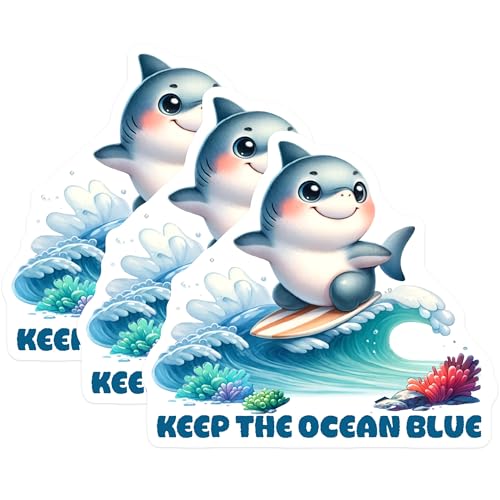 (3 Pack) Surfing Shark Decals - Keep Ocean Blue Decal - Cartoon Ocean Decals - 3 Inches On Longest Side - Easy Peel & Apply - Made in USA - 3MCS6722