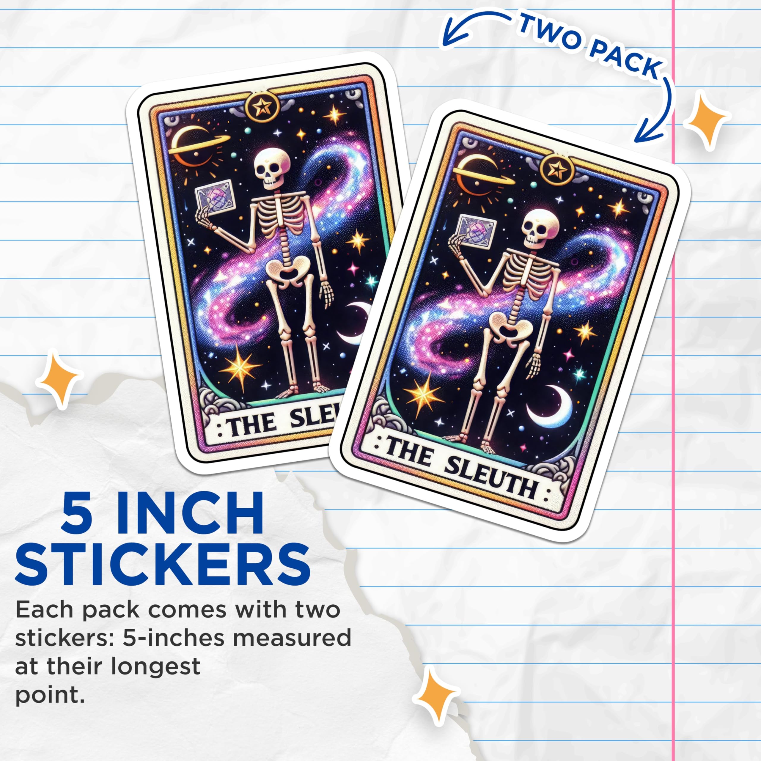 (2 Pack) Cosmic Skeleton Stickers - Galaxy Sleuth Sticker - Celestial Astrology Stickers - 5" On Longest Side - Sticks to Smooth Flat Surfaces - Made in USA - BMCS5499
