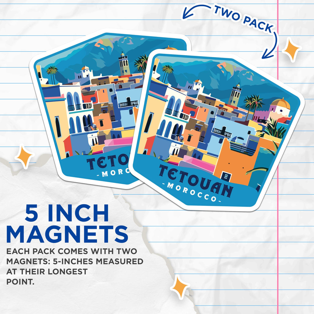 (2 Pack) Tetouan Morocco Magnets - Colorful Cityscape Art - African Travel Souvenirs - 5 Inches On Longest Side - Thick Durable Magnet - Made in USA - MAG19884