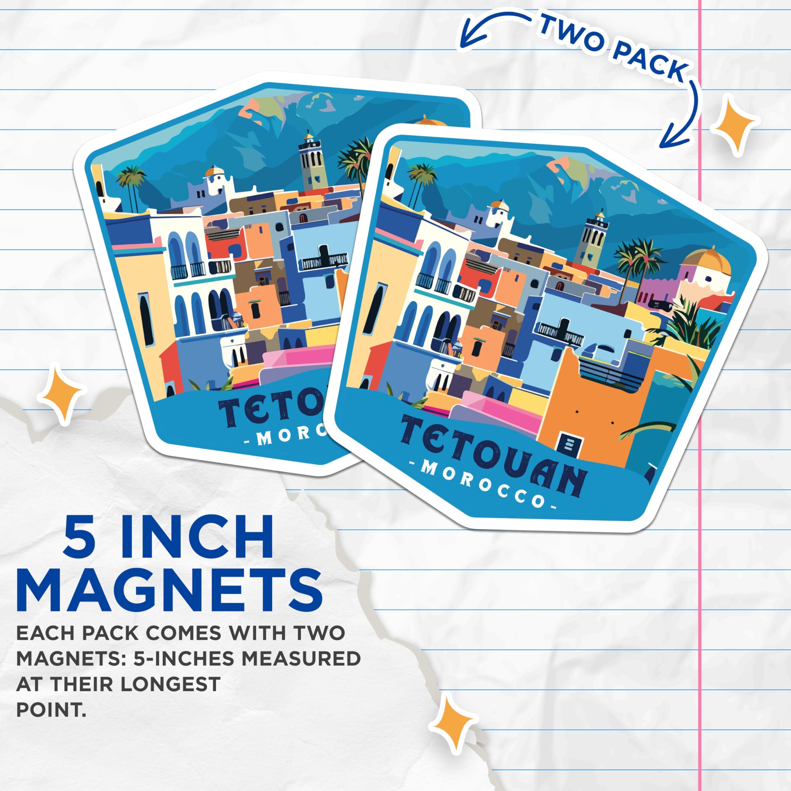 (2 Pack) Tetouan Morocco Magnets - Colorful Cityscape Art - African Travel Souvenirs - 5 Inches On Longest Side - Thick Durable Magnet - Made in USA - MAG19884
