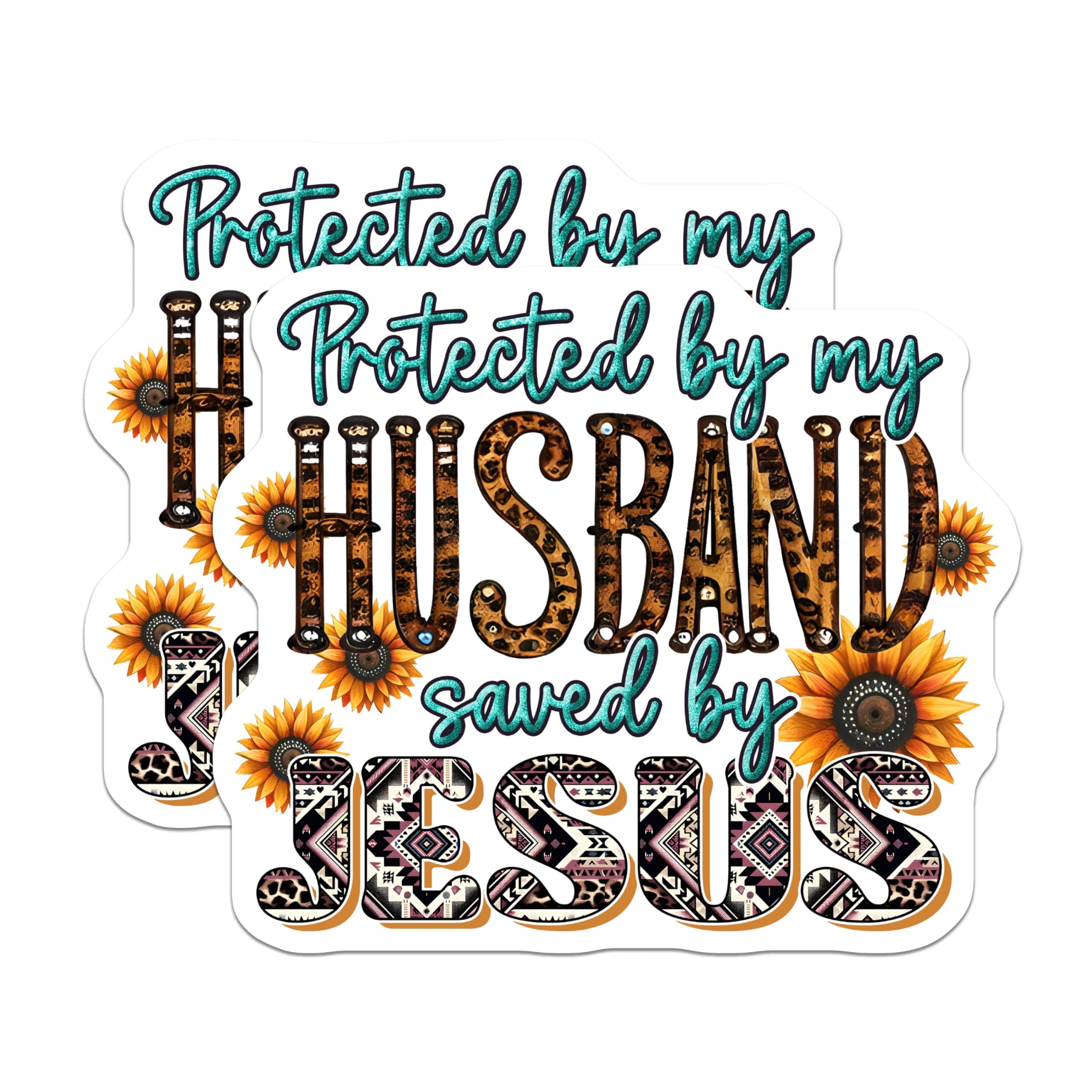 (2 Pack) Protected by My Husband Stickers - Saved by Jesus Stickers - Inspirational Faith Stickers - 5" On Longest Side - Sticks to Any Smooth Flat Surface - Made in USA - BMCS3124