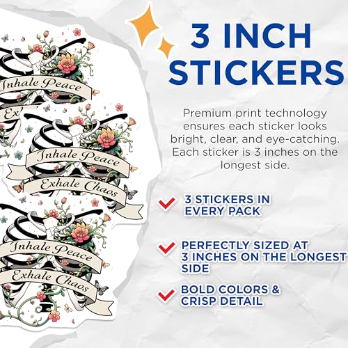 (3 Pack) Floral Skeleton Decals - Inhale Peace Exhale Chaos - Laptop Decal - 3 Inches On Longest Side - Easy Peel & Apply - Made in USA - 3MCS6156