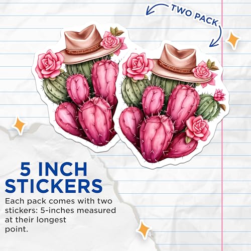 (2 Pack) Cowgirl Cactus Stickers - Western Hat and Flowers Stickers - Pink Cactus Decor - 5" On Longest Side - Sticks to Any Smooth Flat Surface - Made in USA - BMCS3384