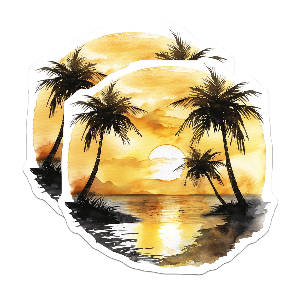 (2 Pack) Tropical Sunset Magnets - Palm Tree Beach Scene - Watercolor Fridge Decor - Island Life Souvenir - 5 Inches On Longest Side - Thick Durable Magnet - Made in USA - MAG39696