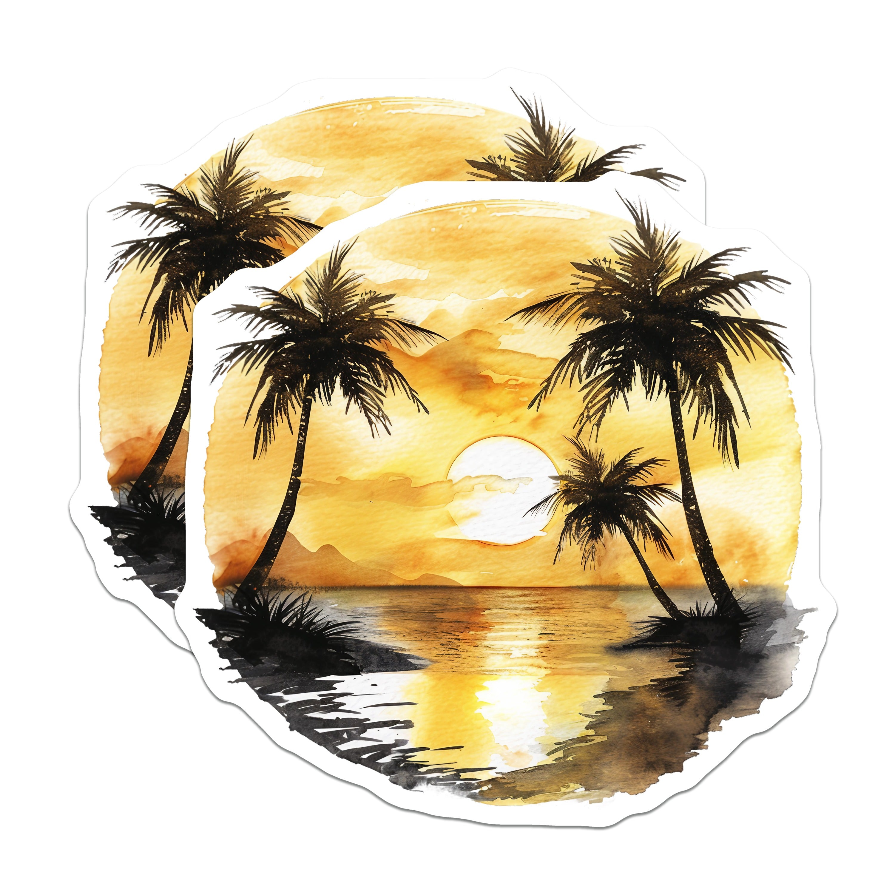 (2 Pack) Tropical Sunset Magnets - Palm Tree Beach Scene - Watercolor Fridge Decor - Island Life Souvenir - 5 Inches On Longest Side - Thick Durable Magnet - Made in USA - MAG39696