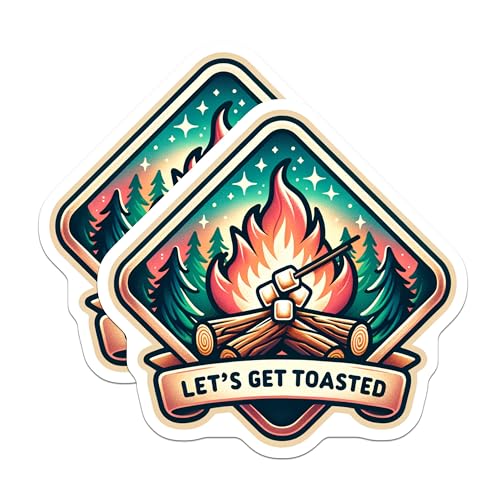 (2 Pack) Let's Get Toasted Stickers - Campfire Marshmallow Stickers - Camping Adventure Stickers - 5" On Longest Side - Sticks to Smooth Flat Surfaces - Made in USA - BMCS7026