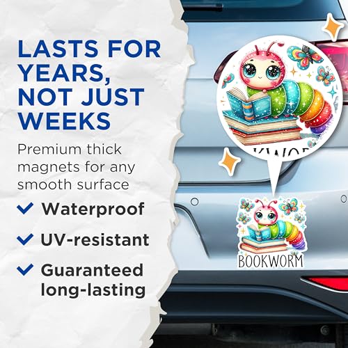 (2 Pack) Bookworm Magnets - Cute Caterpillar Magnets - Reading-Themed Refrigerator Magnets- 5" On Longest Side - for Fridges, Toolboxes, Cars - Made in USA - MAG2758