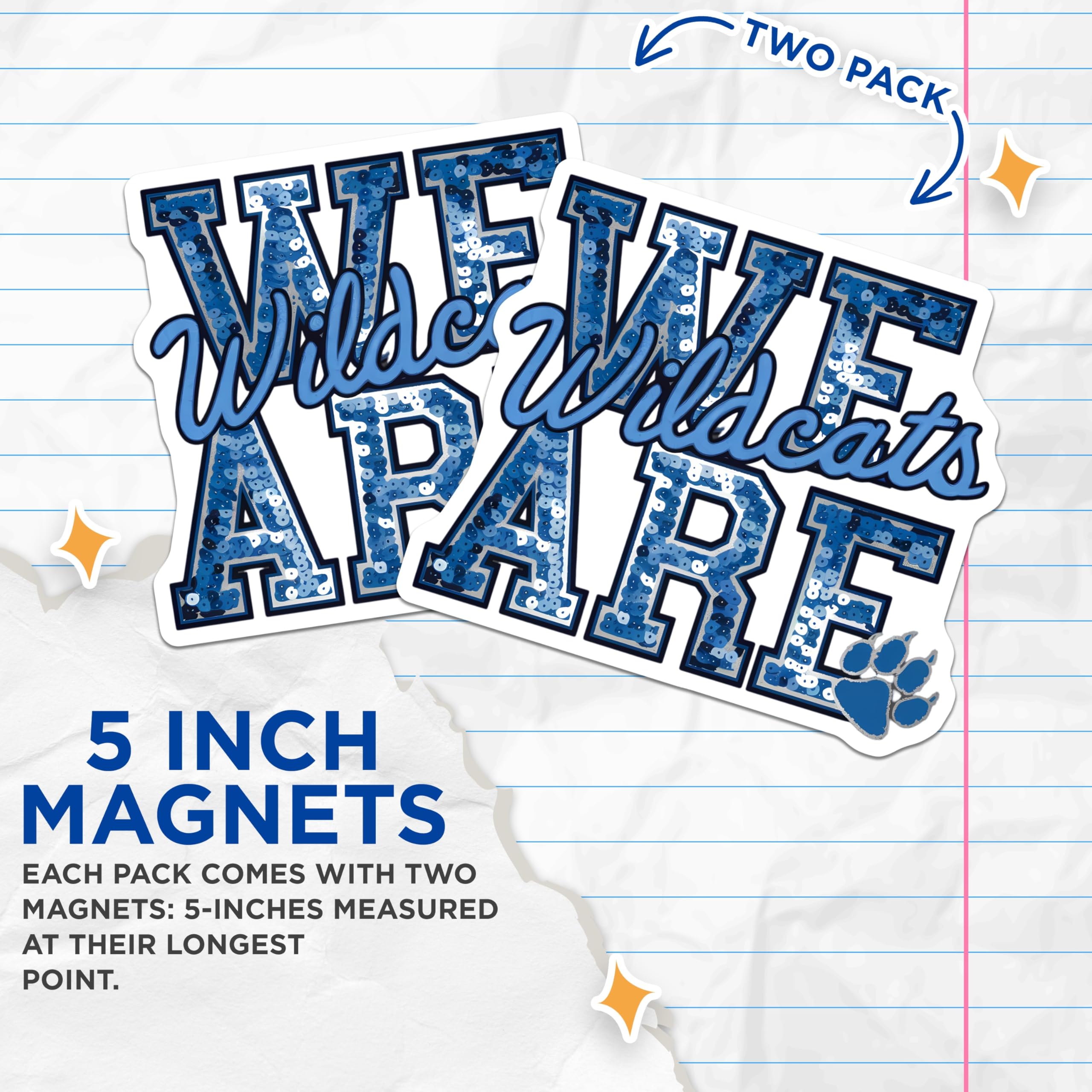 (2 Pack) Wildcats Magnets - We are Wildcats Blue Sequin Design - School Spirit - Team Pride - Paw Print Fan Accessory - 5 Inches On Longest Side - Thick Durable Magnet - Made in USA - MAG22340