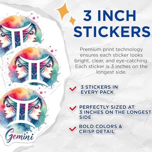 (3 Pack) Gemini Decals - Zodiac Sign Stickers - Astrology Decals- 3 Inches On Longest Side - Easy Peel & Apply - Made in USA - 3MCS5401