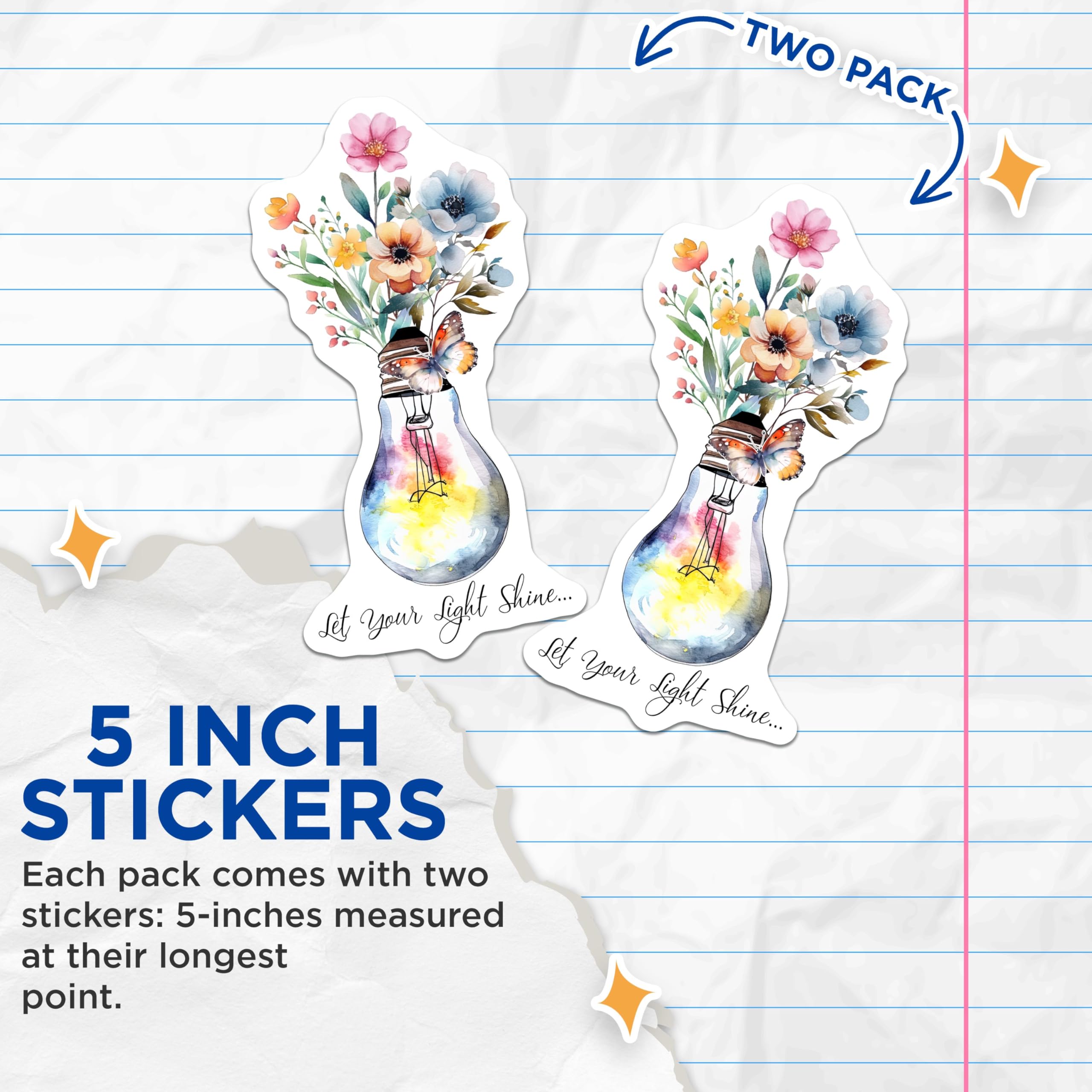(2 Pack) Inspirational Floral Stickers - Let Your Light Shine Quote - 5" On Longest Side - Sticks to Smooth Flat Surfaces - Made in USA - BMCS8577 - BMCS8577
