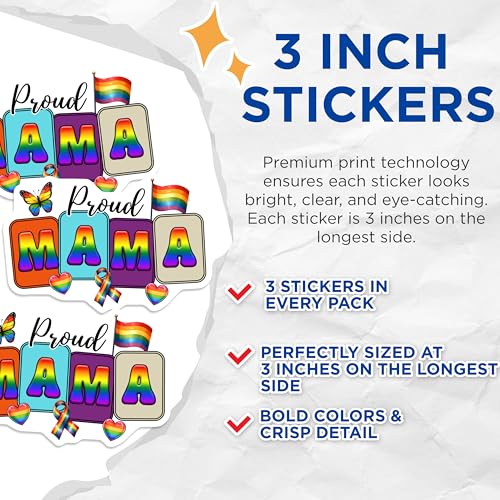(3 Pack) Proud Mama Rainbow Decals - LGBTQ Pride Stickers - Mom Support - 3 Inches On Longest Side - Easy Peel & Apply - Made in USA - 3MCS7027