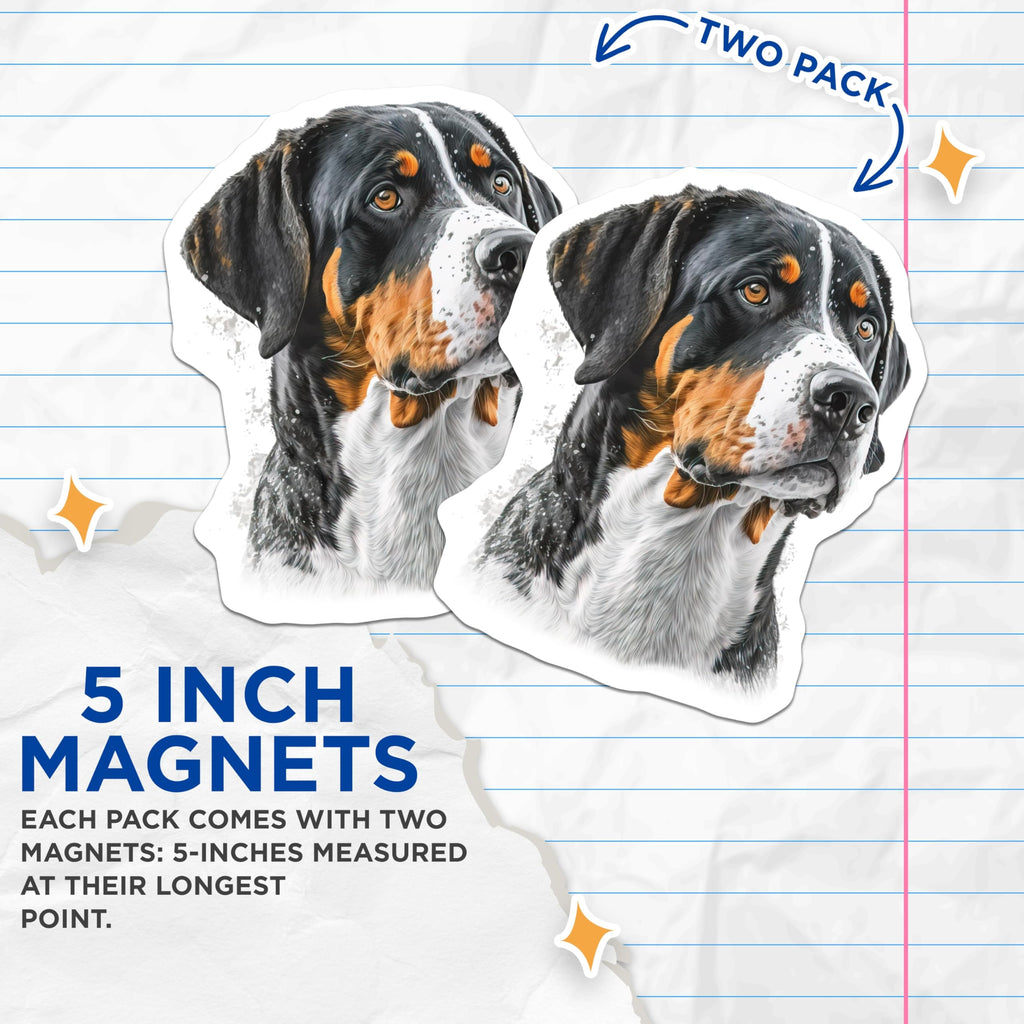 (2 Pack) Greater Swiss Mountain Dog Magnets - Bernese Mountain Dog Art - Sennenhund Pet Lover Decor - 5 Inches On Longest Side - Thick Durable Magnet - Made in USA - MAG30503