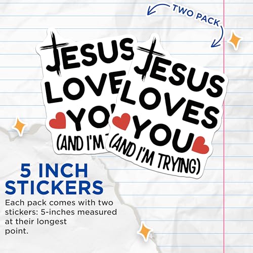 (2 Pack) Jesus Loves You Stickers - Religious Faith - Inspirational Quotes - 5" On Longest Side - Sticks to Smooth Flat Surfaces - Made in USA - BMCS5585