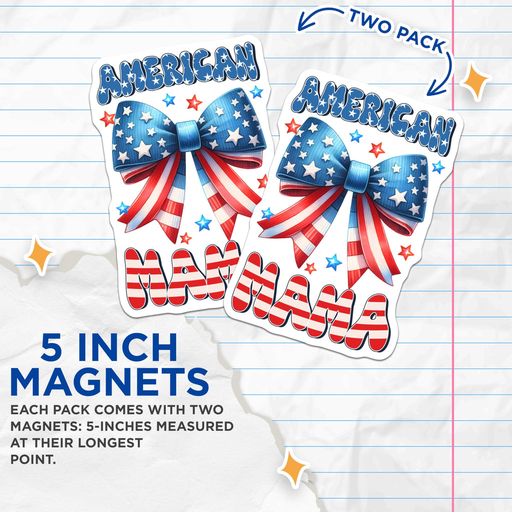 (2 Pack) American Mama Magnets - Patriotic Bow - USA Pride Decor - 4th of July - Independence Day - Mothers Day - 5" On Longest Side - for Cars, Fridges, Toolboxes - Made in USA - MAG7437
