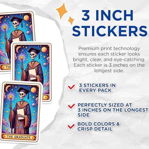 (3 Pack) Graduate Skeleton Decals - Tarot Card Decal - Funny Graduation Decals - 3 Inches On Longest Side - Easy Peel & Apply - Made in USA - 3MCS4187