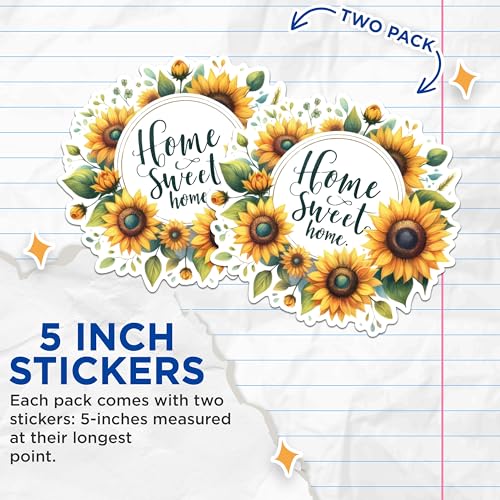 (2 Pack) Home Sweet Home Stickers - Sunflower Flower Stickers - Inspirational Quote Stickers - 5" On Longest Side - Sticks to Any Smooth Flat Surface - Made in USA - BMCS2561