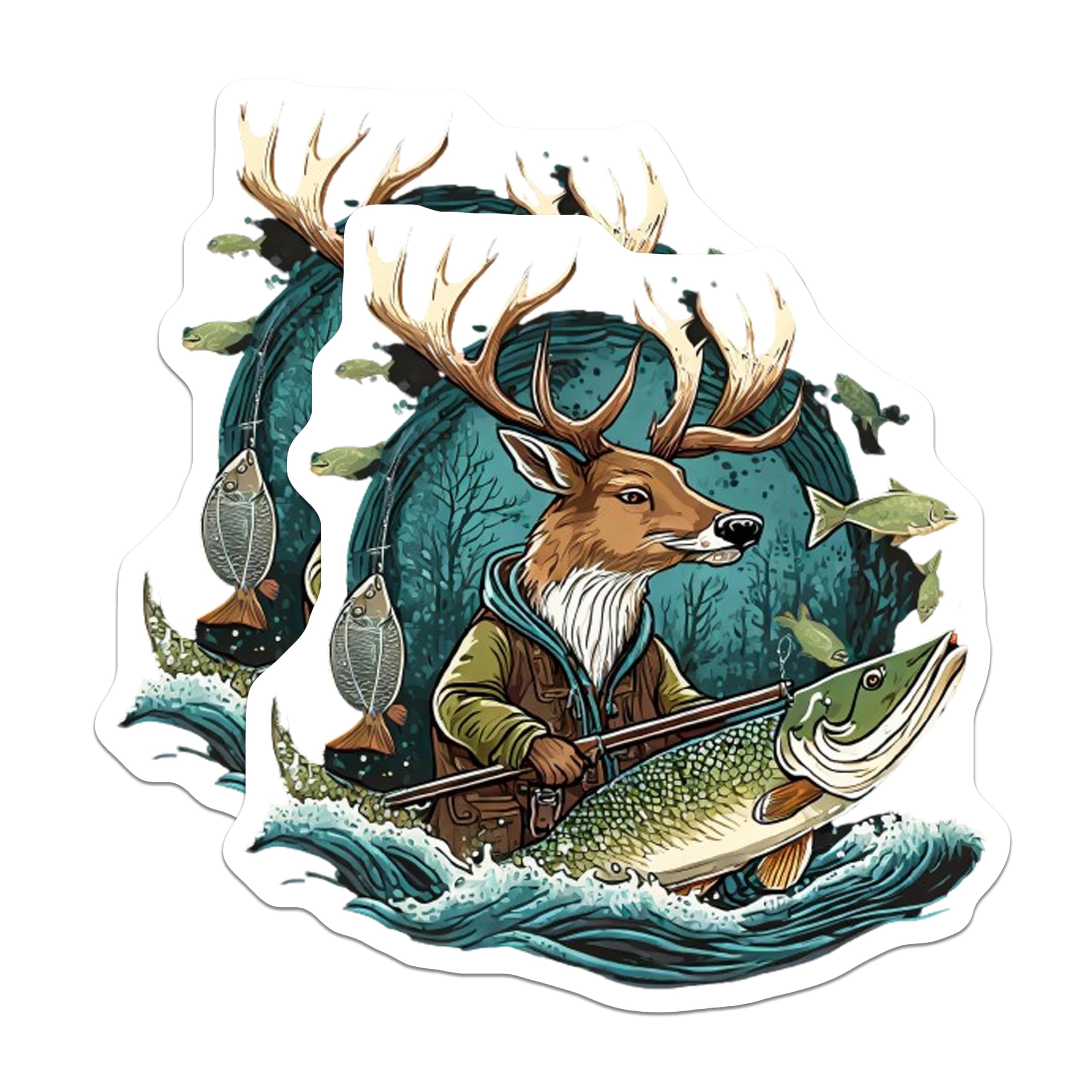 (2 Pack) Buck Deer Fishing Magnets - Woodland Angler Art - Rustic Cabin Decor for Outdoorsmen and Lake House Enthusiasts - 5 Inches On Longest Side - Thick Durable Magnet - Made in USA - MAG23136
