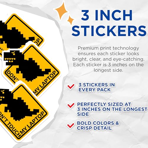 (3 Pack) Laptop Decals - Funny Dinosaur Stickers - Do Not Touch My Laptop - Sarcastic Laptop Decal - 3 Inches On Longest Side - Easy Peel & Apply - Made in USA - 3MCS6181