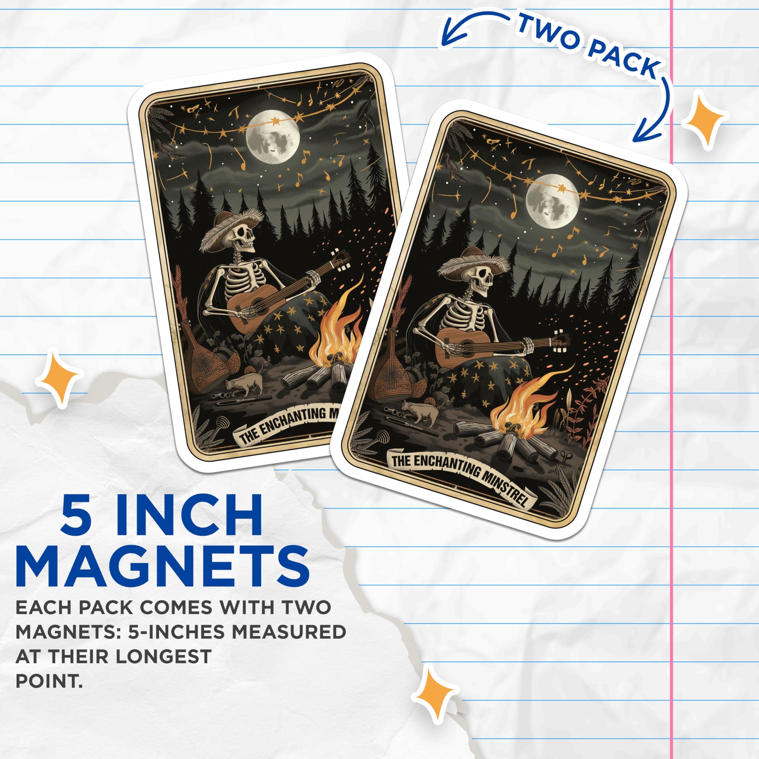 (2 Pack) Skeleton Musician Magnets - Campfire Minstrel Folk Art - Whimsical Goth Aesthetic Forest Night - 5 Inches On Longest Side - Thick Durable Magnet - Made in USA - MAG26795