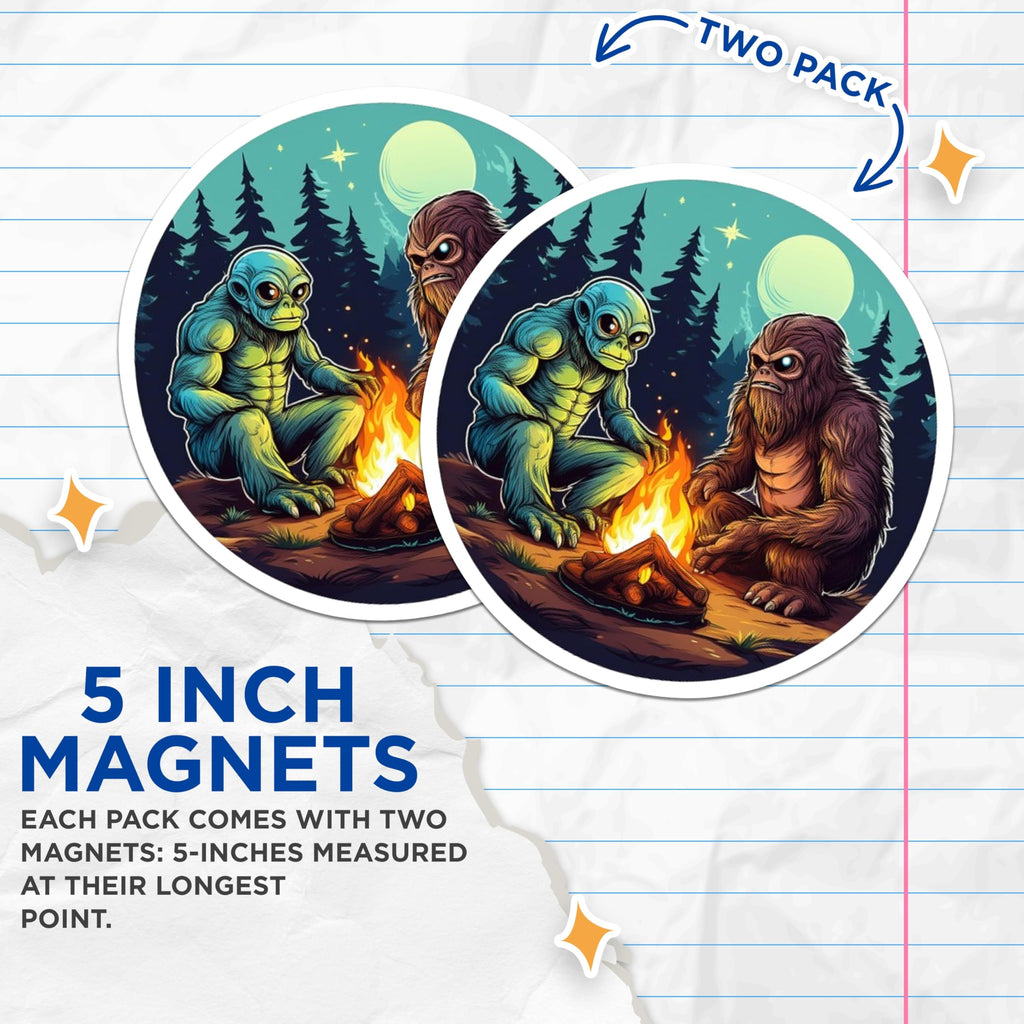 (2 Pack) Alien Bigfoot Campfire Magnets - Cryptid Sasquatch Art - Forest Night Scene Decor - 5 Inches On Longest Side - Thick Durable Magnet - Made in USA - MAG22567
