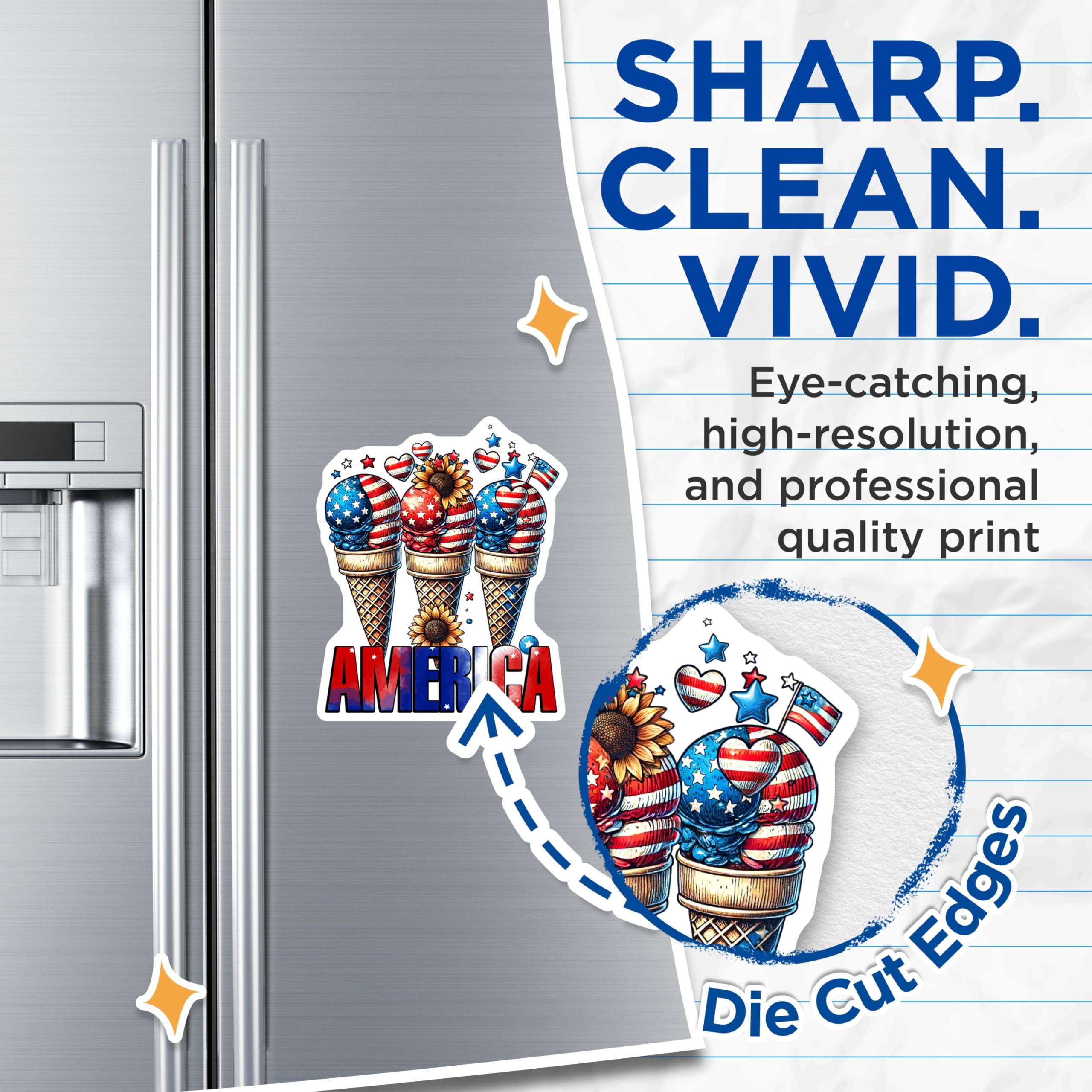 (2 Pack) Patriotic Ice Cream Magnets - American Flag Decoration - Fourth of July Celebration - Sunflower and Heart Design - 5" On Longest Side - for Cars, Fridges, Toolboxes - Made in USA - MAG7872