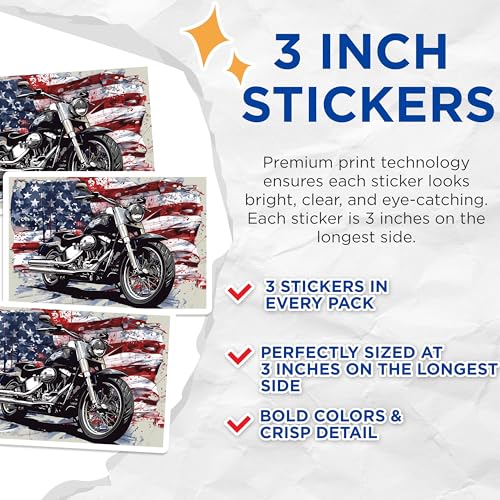 (3 Pack) Motorcycle Decals - American Flag Art - Biker Garage Decor - 3 Inches On Longest Side - Easy Peel & Apply - Made in USA - 3MCS7969