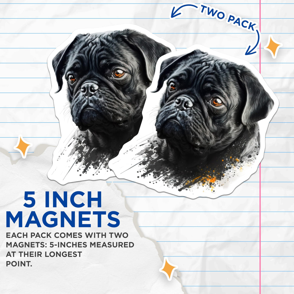 (2 Pack) Black Pug Magnets - Charming Dog Breed Pet Art - Refrigerator Kitchen Home Decor for Dog Owners - 5 Inches On Longest Side - Thick Durable Magnet - Made in USA - MAG24211