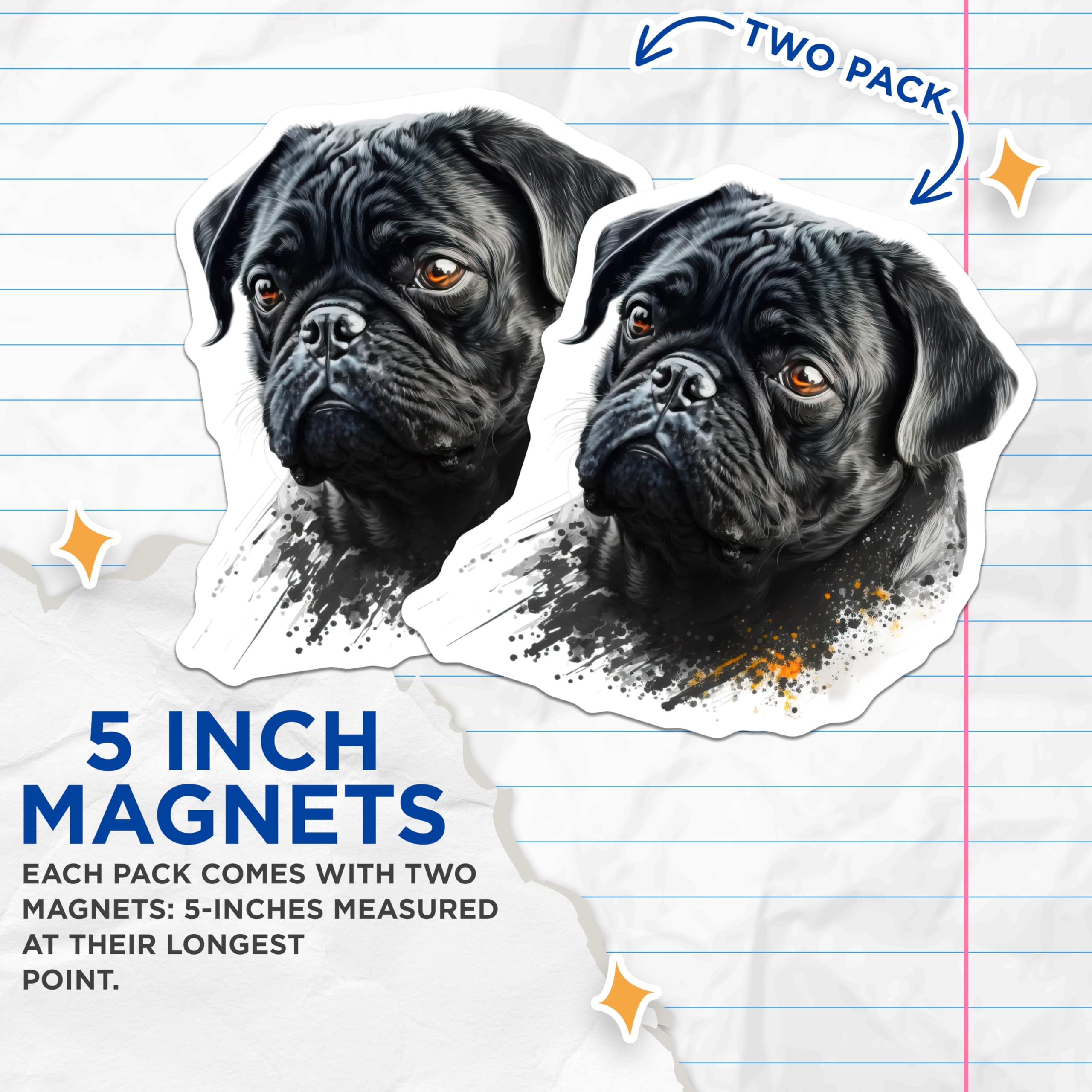 (2 Pack) Black Pug Magnets - Charming Dog Breed Pet Art - Refrigerator Kitchen Home Decor for Dog Owners - 5 Inches On Longest Side - Thick Durable Magnet - Made in USA - MAG24211