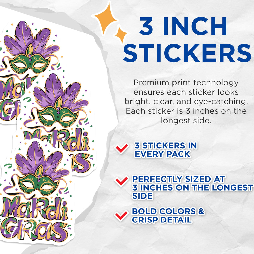 (3 Pack) Mardi Gras Decals - Masquerade Mask - Laptop Decal - Celebration Stickers - 3 Inches On Longest Side - Easy Peel & Apply - Made in USA - 3MCS2910
