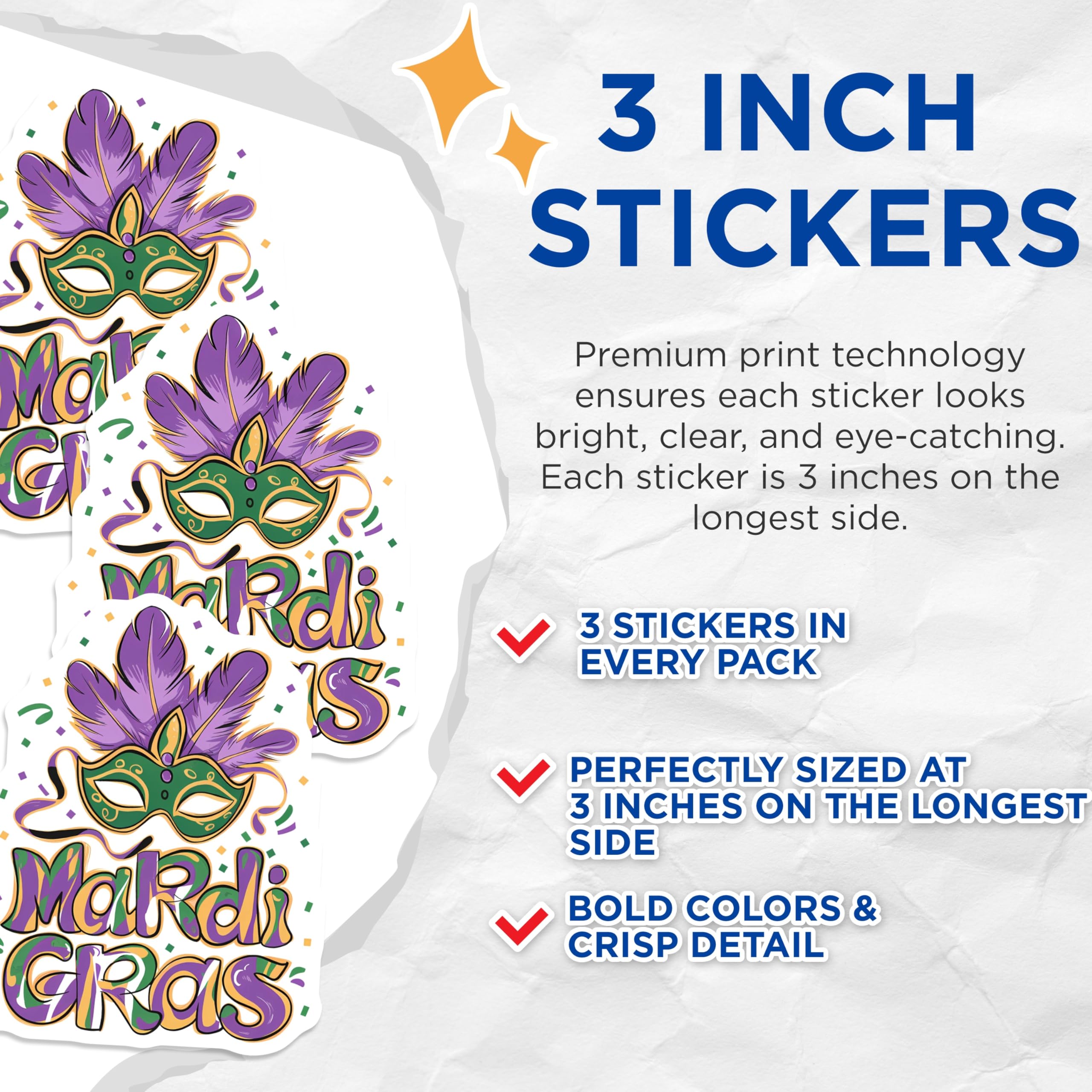 (3 Pack) Mardi Gras Decals - Masquerade Mask - Laptop Decal - Celebration Stickers - 3 Inches On Longest Side - Easy Peel & Apply - Made in USA - 3MCS2910