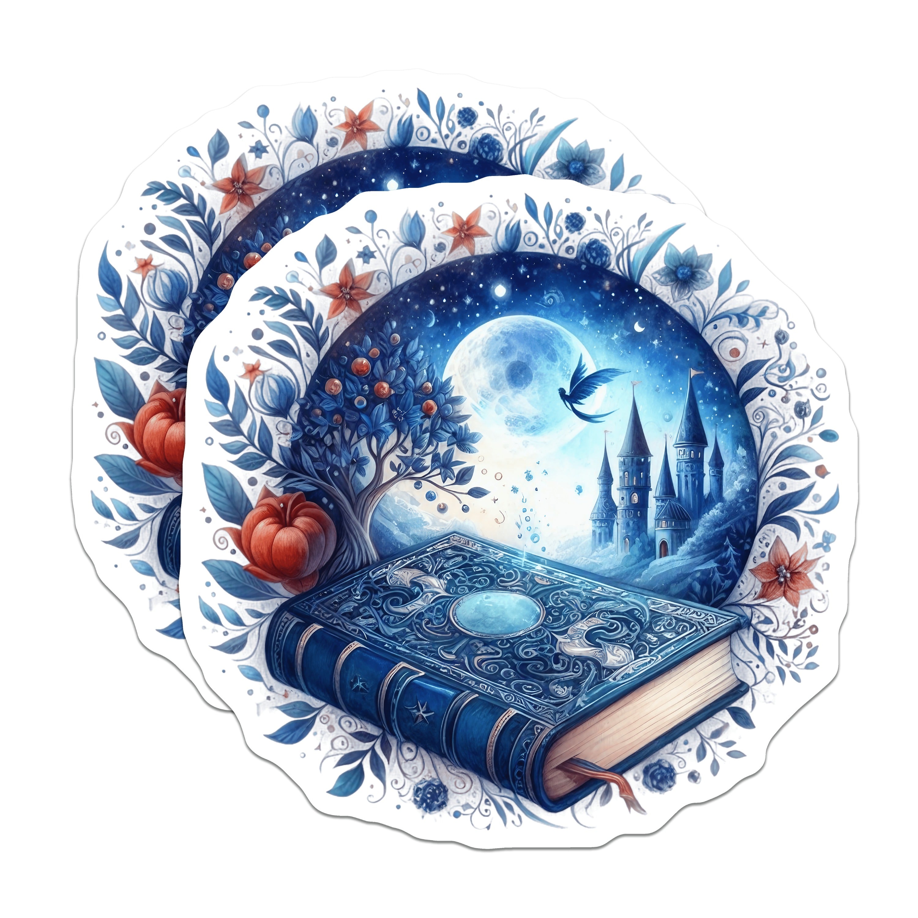 (2 Pack) Fantasy Book Magnets - Magical Castle Moon Art - Whimsical Reader Decor Accessory for Fridge Display - 5 Inches On Longest Side - Thick Durable Magnet - Made in USA - MAG38955