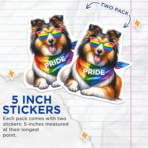 (2 Pack) Pride Dog Stickers - Colorful LGBTQ+ Pride - Rainbow Sunglasses Dog - 5" On Longest Side - Sticks to Smooth Flat Surfaces - Made in USA - BMCS6980