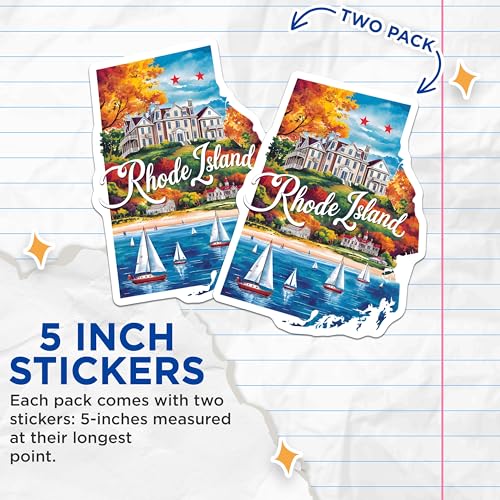 (2 Pack) Rhode Island Stickers - Scenic State Graphic - Sailing and Fall Foliage Decal - 5" On Longest Side - Sticks to Smooth Flat Surfaces - Made in USA - BMCS6266